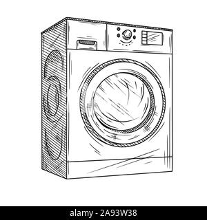 Washing machine isolated on white background. Vector illustration of a sketch style. Stock Vector