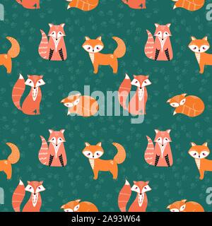Seamless pattern with foxes and different elements. Illustration hand drawn in scandinavian style. Stock Vector