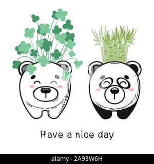 House plant in a pot with a muzzle of the animal. Cute muzzle on the pot. Vector illustration. Bear and panda Stock Vector