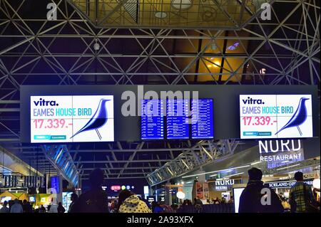 Keflavik, Iceland. Departure hall containing flight information as well as food stalls at Keflavik International Airport. Stock Photo