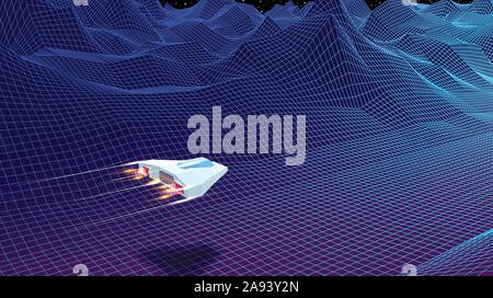 Arcade space ship flying through the blue corridor or canyon landscape with 3D mountains, 80s style synthwave or retrowave scenic view Stock Vector