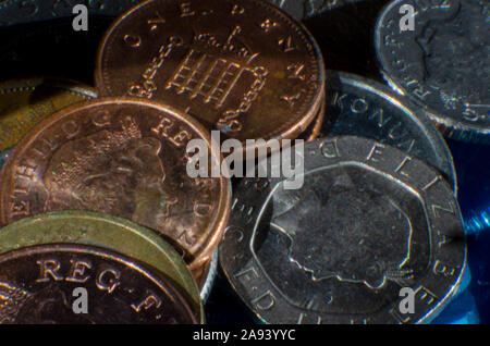 Piles of different coins from european countries and unted kingdom Stock Photo