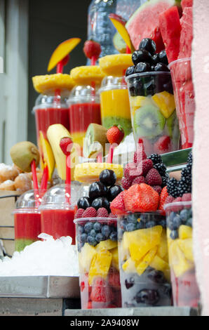 Fruit salad on a plastic cups for sale on the street by the castle in prague czech republic Stock Photo