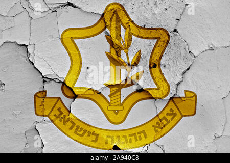 flag of Israel Defense Forces painted on cracked wall Stock Photo