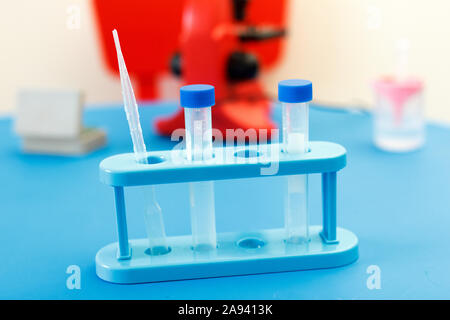 Test tubes and scientific equipment in home biology laborotary. Home schooling, house training. Close up Stock Photo