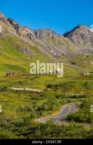 View of the road leading to Hatcher Pass Lodge and the Independence Mine State Historical Park in the Talkeetna Mountains Stock Photo