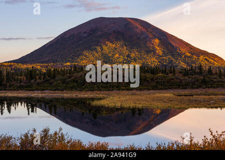 Donnelly Dome reflects in Donnelly Lake at sunrise in the autumn; Alaska, United States of America Stock Photo