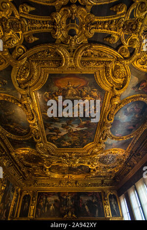 Venice, Italy - July 18th 2019: View of the magnificent ceiling of the Chamber of the Senate at the Doges Palace, also known as Palazzo Ducale in Veni Stock Photo
