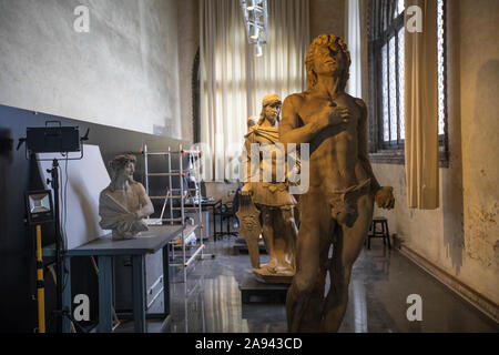 Venice, Italy - July 18th 2019: Sculptures and statues being restored at the historic Doges Palace, or Palazzo Ducale in Venice, Italy. Stock Photo