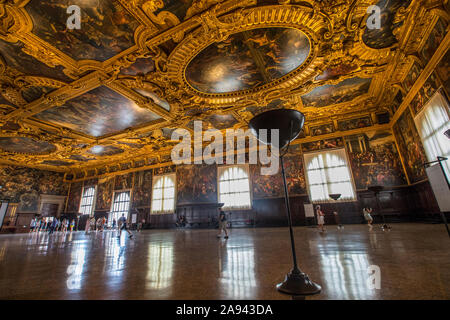 Venice, Italy - July 18th 2019: View of the Chamber of the Great Council at the historic Doges Palace, or Palazzo Ducale in Venice, Italy. Stock Photo