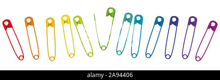 Colorful safety pins. Set of 12 rainbow colored baby pins in a row - illustration on white background. Stock Photo