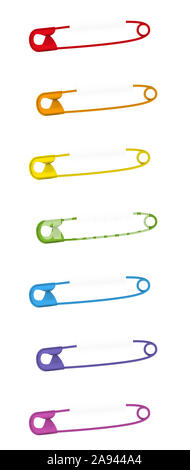 Pinned safety pins. Set of seven colored baby pins - illustration on white background. Stock Photo