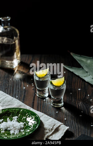 Tequila bum bum shots, with lime slices and salt. Agave leaves on background. Stock Photo