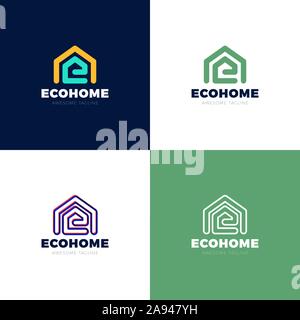 Minimalist vector logo of house and letter E. Eco house concept Stock Vector