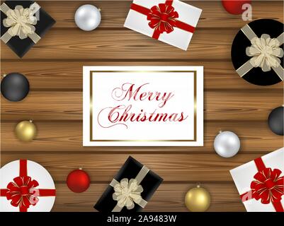 christmas illustration with wooden background, gift boxes, christmas balls and greeting card Stock Vector