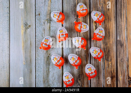 New York NY NOV 08 2019: Kinder Surprise chocolate eggs are a confection manufactured by Ferrero company and containing a small toy. Stock Photo