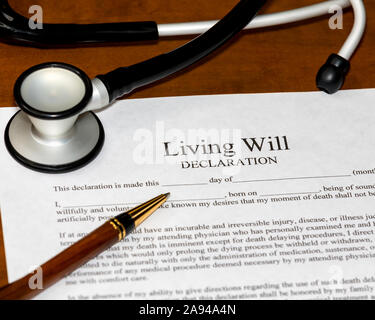 Living will legal document with stethoscope. Healthcare, end of life planning and medical treatment concept Stock Photo