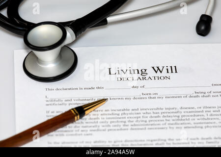 Living will legal document with stethoscope. Healthcare, end of life planning and medical treatment concept Stock Photo