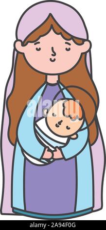 mary with baby in arms manger nativity, merry christmas vector illustration Stock Vector