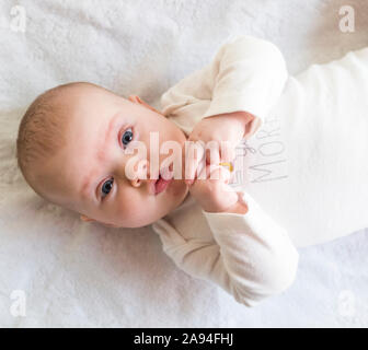 Portrait of a baby girl laying on her back and looking up at the camera; Vancouver, British Columbia, Canada