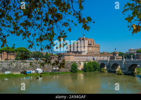 Sant'Angelo Castle  framed by the tree in Rome, Italy Stock Photo