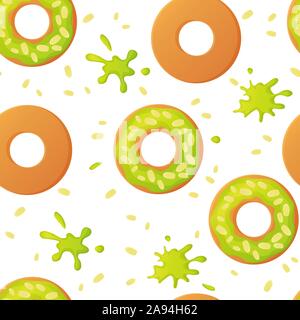 Sweet pistachio colorful baked glazed donuts or doughnuts with nuts seamless pattern with sprinkles and splashes in flat style Stock Vector