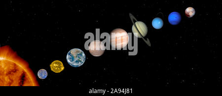 An illustration of the planets of our solar system, milky way. Elements of this image furnished by NASA. Distances not to scale Stock Photo