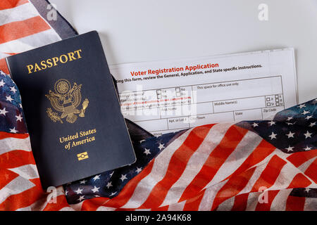 United States passport of American vote registration form for presidential election with flag Stock Photo