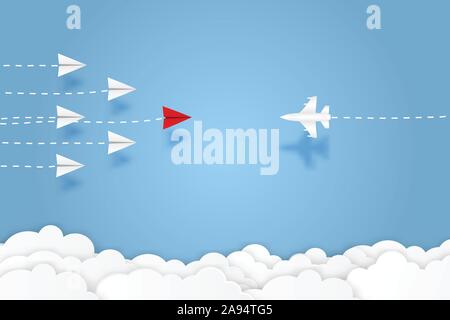 Group of paper plane fight with fighter plane to go to success goal vector business financial concept start up, leadership, creative idea symbol paper Stock Vector