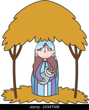 mary with baby in arms manger nativity, merry christmas vector illustration Stock Vector