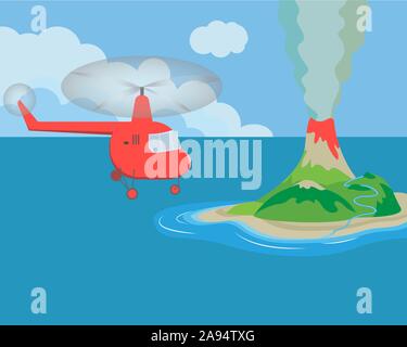 An island with an erupting volcano in the ocean. Helicopter flying over the island. Vector illustration. Stock Vector