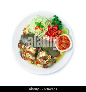 Pickled Crab in Sweet fish sauce Served Spicy Chili Sauce Thai Food Hot Tasty decorate vegetables and carved chili top view Stock Photo