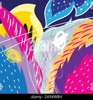 Tropical multicolored trendy pattern of foliage spots and flowers. Art print design template for web page, fabric, wallpaper or poster. Stock Vector