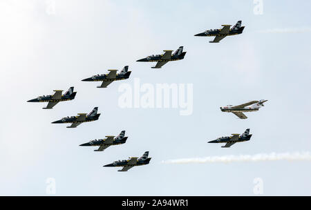 The Breitling Jet Team performing at the 2016 Thunder Over Michigan Airshow in their formation of L-39 Albatros. Stock Photo