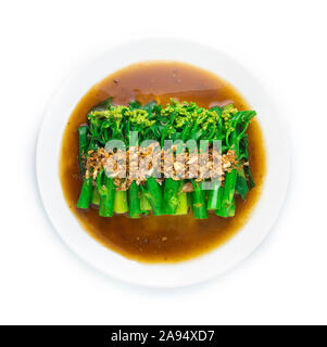 Stir Fried Chinese kale in Oyster sauce ontop with Crispy Garlic Goodtasty Of Food. Asian Food Dish  Vegetarian Style top view Stock Photo