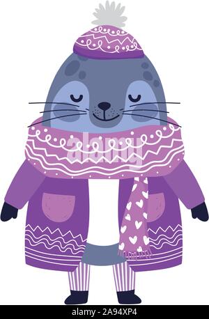 merry christmas celebration cute monk seal wearing sweater and hat vector illustration Stock Vector