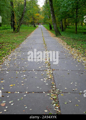 Long park alley with concrete blocks in early autumn falling in middle of October, Khmelnytskyi, Ukraine