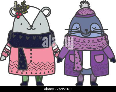 merry christmas celebration cute monk seal and bear with hat and sweater vector illustration Stock Vector