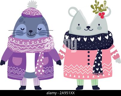 merry christmas celebration cute monk seal and bear with hat and sweater vector illustration Stock Vector