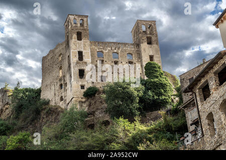 The ancient hilltop castle of Dolceacqua, Italy, in the Imperia Ligurian region, on an overcast day. Stock Photo