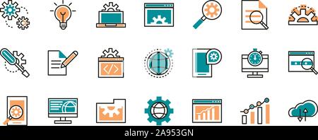 web development icons collection vector illustration line and fill Stock Vector