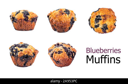 Set of blueberry muffins isolated on white background. Vegetarian egg-free muffins with blue berries isolated with clipping path. Stock Photo