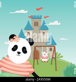female panda and sheep on the swing and fantasy fairy tale castle vector illustration Stock Vector