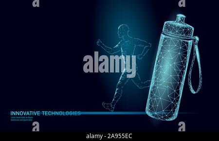 Water aqua bottle jogger rehydration concept. Health care against dehydration isotonic electrolytes drink. Runner sportsman low poly 3D vector Stock Vector