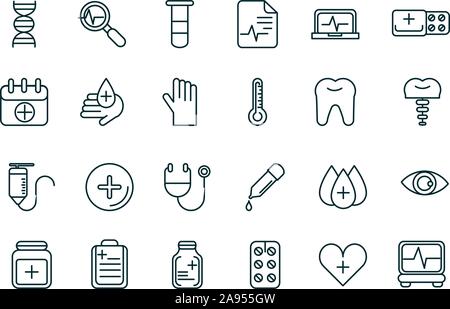healthcare equipment medical icons set line fill vector illustration Stock Vector