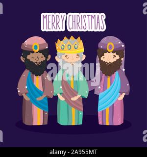 three wise kings characters manger nativity, merry christmas vector illustration Stock Vector