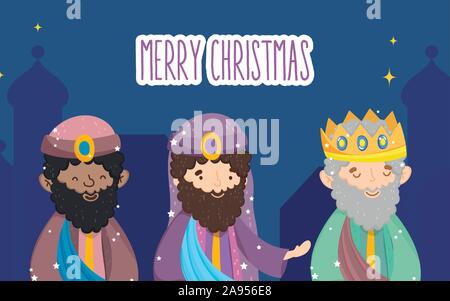 three wise characters manger nativity, merry christmas vector illustration Stock Vector