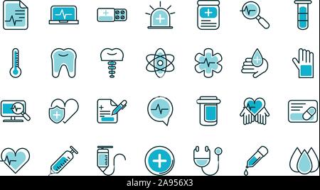 healthcare equipment medical icons set line fill vector illustration Stock Vector