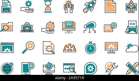 web development icons collection vector illustration line and fill Stock Vector