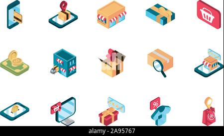 online shopping isometric icons collection vector illustration Stock ...